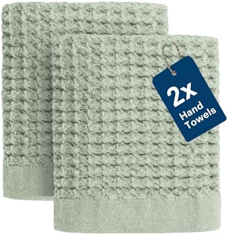 ONSEN Supima® Waffle Hand Towels, Quick Dry Lint Free 100% USA Cotton, Lightweight Absorbent Hand Towel Set, 16x30 in (Sage Green, Hand Towel 2-Pack)