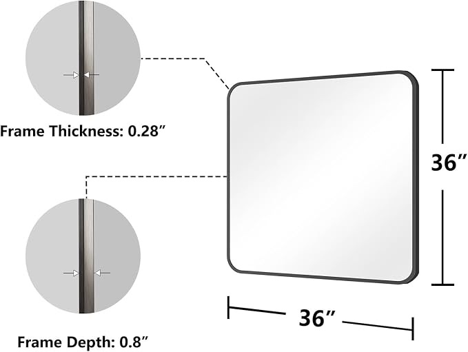 Koonmi Bathroom Mirror, 36X36 Brushed Black Metal Framed Wall-Mounted Mirror for Over Sink, HD Tempered Glass, Anti-Rust, Rounded Rectangle Mirror for Restroom, Bedroom, Hangs Horizontal or Vertical
