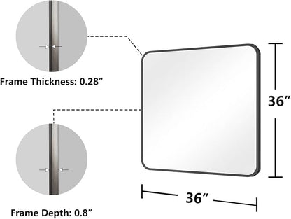 Koonmi Bathroom Mirror, 36X36 Brushed Black Metal Framed Wall-Mounted Mirror for Over Sink, HD Tempered Glass, Anti-Rust, Rounded Rectangle Mirror for Restroom, Bedroom, Hangs Horizontal or Vertical