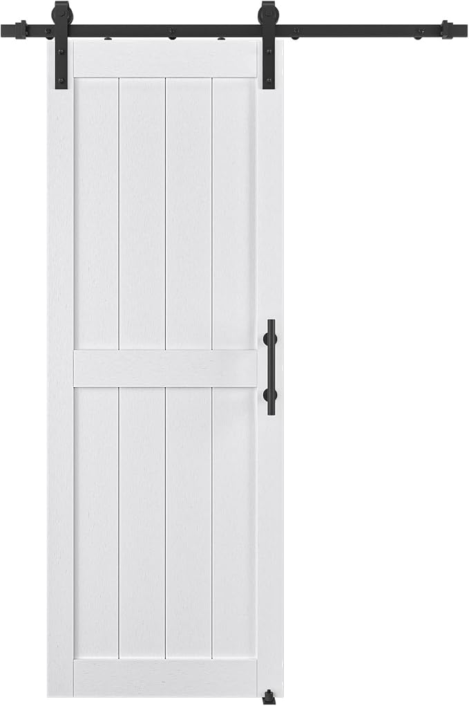 32in x 80in MDF Sliding Barn Door with 6ft Barn Door Hardware Kit & Handle | White Solid Barn Door Slab Covered with Water-Proof PVC Surface, Pre-Drilled Holes Easy Assembly, H-Frame
