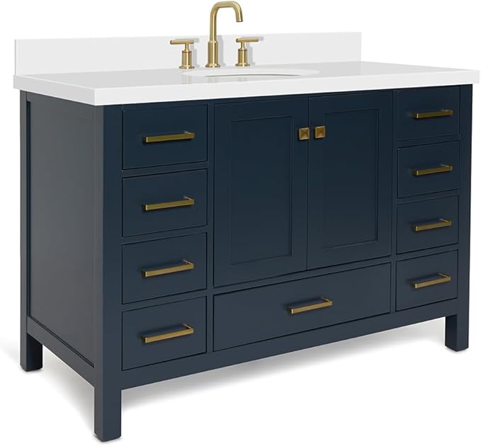 ARIEL Cambridge 48-inch Bathroom Vanity with Sink,Solid Wood, 1.5-inch Pure White Quartz Countertop & Backsplash, Single Oval Porcelain Sink, 2 Soft Closing Doors, 9 Dovetail Drawers, Midnight Blue