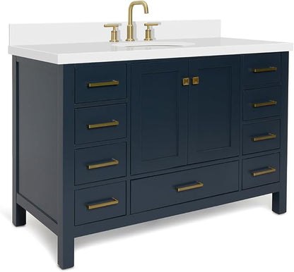ARIEL Cambridge 48-inch Bathroom Vanity with Sink,Solid Wood, 1.5-inch Pure White Quartz Countertop & Backsplash, Single Oval Porcelain Sink, 2 Soft Closing Doors, 9 Dovetail Drawers, Midnight Blue