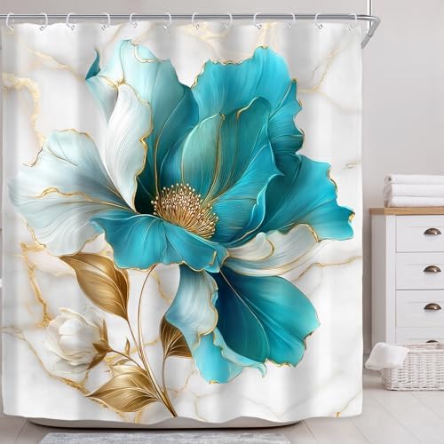 Teal Gold Marble Floral Turquoise Abstract Art Bathroom Shower Curtain Set