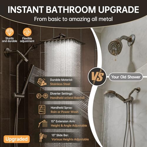Veken All Metal 10" Oil Rubbed Bronze Rain Shower Head with Handheld Spray