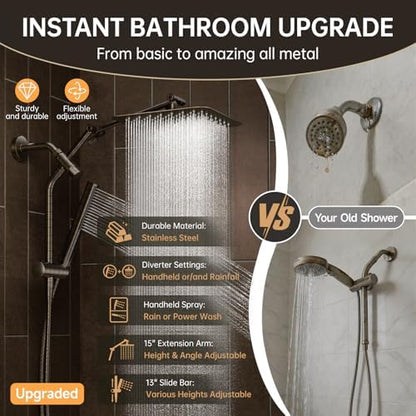 Veken All Metal 10" Oil Rubbed Bronze Rain Shower Head with Handheld Spray