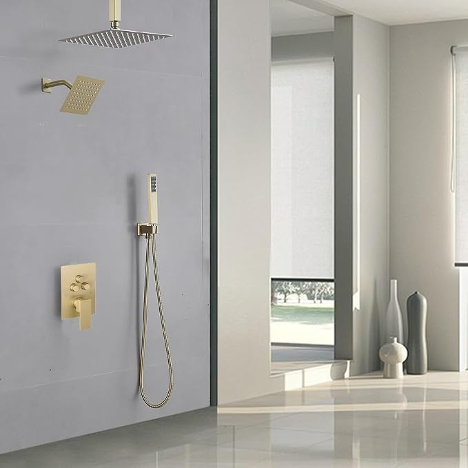 Shower Faucet Set Brushed Gold 10 Inch Ceiling Mount Rainfall Shower System with 2 Rain Shower Head and Handheld Head Push Button Diverter Shower Trim Kit and Rough-in Valve Body