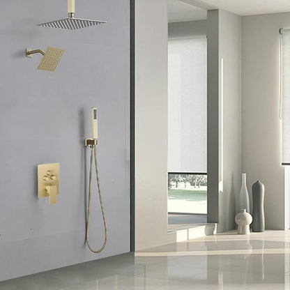 Shower Faucet Set Brushed Gold 10 Inch Ceiling Mount Rainfall Shower System with 2 Rain Shower Head and Handheld Head Push Button Diverter Shower Trim Kit and Rough-in Valve Body