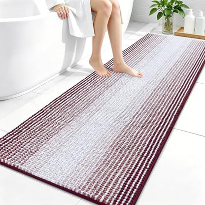 OLANLY Bathroom Runner Rugs 59x24, Chenille Striped Bath Rugs, Burgundy