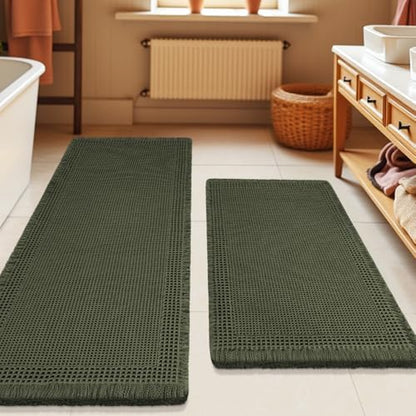 Waffle Bath Mat Set 2 Piece, Boho Woven Modern Bath Rug Absorbent Non Slip, Soft Bathroom Mats, Machine Washable Knit Bath Rugs with Border for Bathroom, Bedroom, Kitchen, Shower, Tub, Dark Green