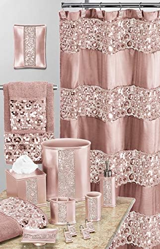Zahari Home 13pc Sinatra Bathroom Shower Curtain Set - Blush Luxury Fabric With 12 Hooks - Unique Design Bling