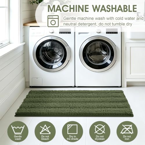 Christmas Striped Olive Green Bathroom Rug Mat Set 2 piece 32"x20"+60"x20" Ultra Soft, Non Slip Chenille Bath Rugs, Absorbent Plush Shaggy Bath Mats for Bathroom, Bedroom, Kitchen, Shower, Tub