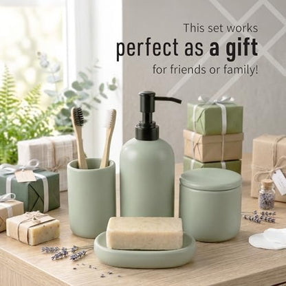Ava Nord Modern Minimalist Ceramic Bathroom Accessories | Set of 4 | Green