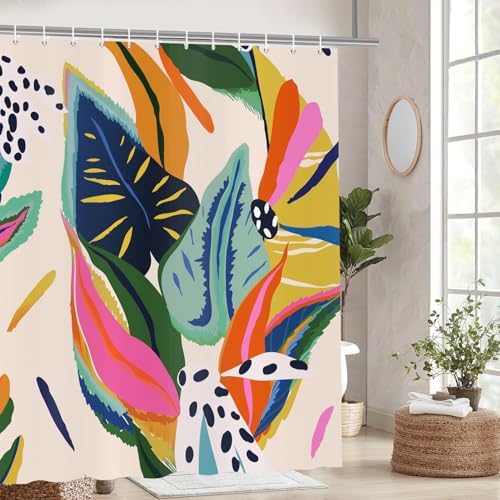 deFouliao Boho Shower Curtain, Colorful Floral Waterproof Shower Curtain for Bathroom with Modern Abstract Art Jungle Plant Leaf Bathroom Bathtub Home Curtain Decor, Washable with Hooks, 72Wx78L