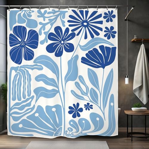 Abstract Blue Matisse Flower Shower Curtain 60Wx72L Inch Retro Vintage Aesthetic Minimalist Cute Art 70s Trendy Modern Bathroom Set Accessories Decor with 12 Pack Hooks
