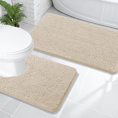 OLANLY Chenille Bathroom Rugs Mats Sets 2 Piece, 47"x20"+24"x20", Sand