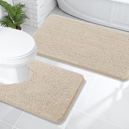 OLANLY Chenille Bathroom Rugs Mats Sets 2 Piece, 47"x20"+24"x20", Sand