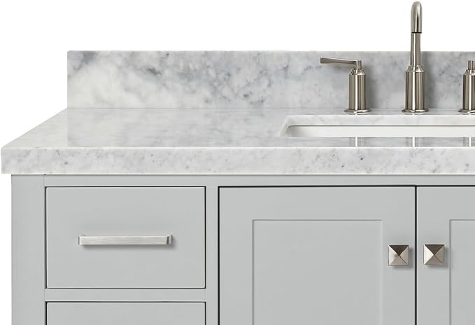 Beckford 48-Inch Bathroom Vanity with Sink — Grey Single Sink Bathroom Vanity, 1.5" Edge Italian Carrara Marble Top, Solid Wood, 2 Soft-Close Doors, 9 Dovetail Drawers