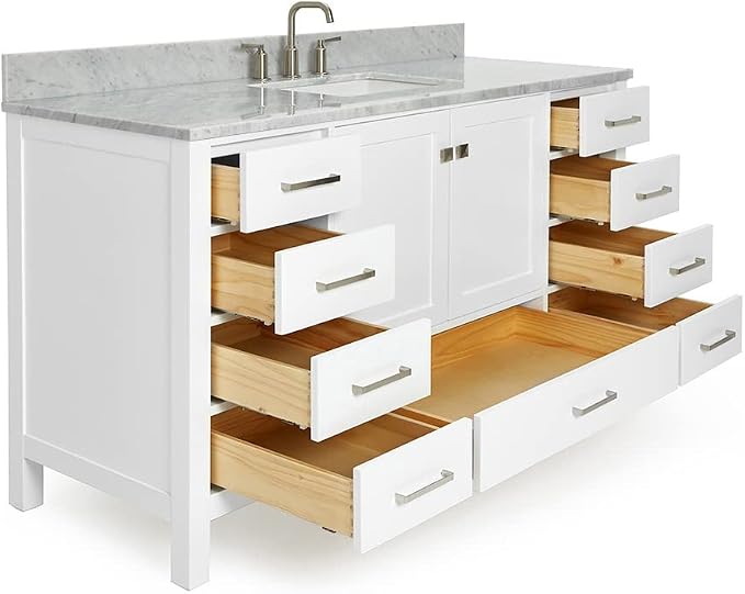 ARIEL Cambridge 60-inch Bathroom Vanity with Sink,Solid Wood, 0.75-inch Italian Carrara Marble Countertop, Single Rectangular Porcelain Sink, 2 Soft Closing Doors, 9 Dovetail Drawers, White