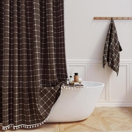 BTTN Stall Boho Farmhouse Linen Heavy Duty Shower Curtain Set, 36x72, Brown