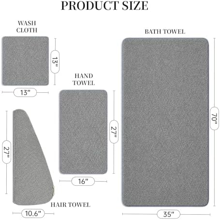 Bath Towels for Bathroom Oversize Bath Towel Set- 35x70 Inches, 4-Piece Shower Towels (1 Bath Towel, 1 Hair Towel, 1 Hand Towel, 1 Washcloth), Soft and Absorbent Microfiber Towels for Bathroom (Gray )