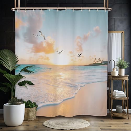 Miyotaa Beach Coastal Shower Curtain Set 60Wx71H Inches Sea Ocean Sunrise Sunset Scene Wave Seagull Hawaiian Seaside Waterproof Bathroom Curtain with 12 Hooks