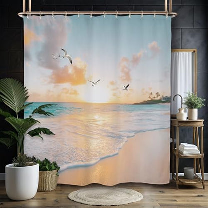 Miyotaa Beach Coastal Shower Curtain Set 60Wx71H Inches Sea Ocean Sunrise Sunset Scene Wave Seagull Hawaiian Seaside Waterproof Bathroom Curtain with 12 Hooks