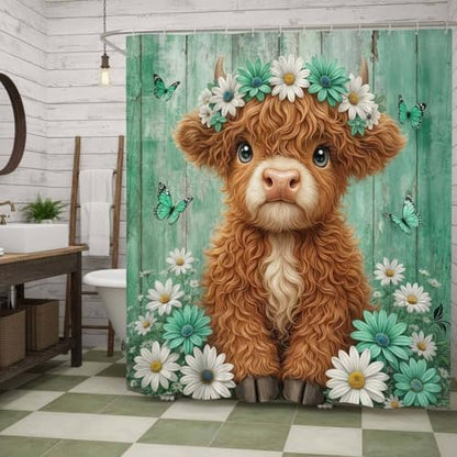 Cute Cow Shower Curtain, Farmhouse Rustic Green Floral Daisy Highland Cow Shower Curtains for Bathroom, Calf Country Farm Animal Garden Plant Fabric Bathroom Decor with Hooks, 70x72 inch