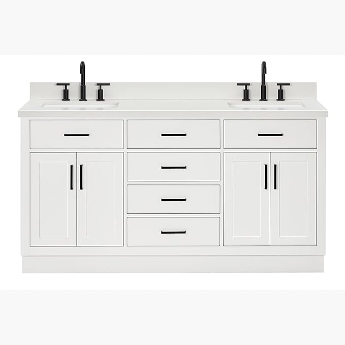 ARIEL Hepburn 66-inch Bathroom Vanity with Sink,Solid Wood, 1.5-inch Pure White Quartz Countertop & Backsplash, Double Rectangular Porcelain Sink, 4 Soft Closing Doors, 6 Dovetail Drawers, White