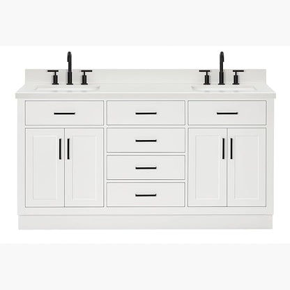 ARIEL Hepburn 66-inch Bathroom Vanity with Sink,Solid Wood, 1.5-inch Pure White Quartz Countertop & Backsplash, Double Rectangular Porcelain Sink, 4 Soft Closing Doors, 6 Dovetail Drawers, White
