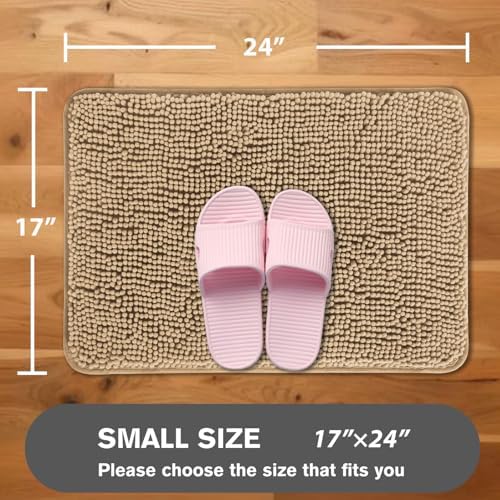 Beige Bathroom Rugs – Absorbent and Washable Bath Mat, Non-Slip, Thick Soft Chenille Bath Rugs for Bathroom Floor, Shower, Sink - 17" x 24"