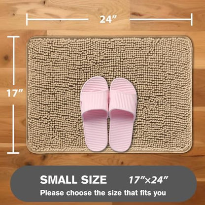Beige Bathroom Rugs – Absorbent and Washable Bath Mat, Non-Slip, Thick Soft Chenille Bath Rugs for Bathroom Floor, Shower, Sink - 17" x 24"