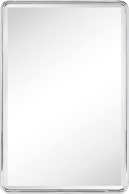 TEHOME Farmhouse Chrome Metal Framed Recessed Bathroom Medicine Cabinet with Mirror Rounded Rectangle Medicine Cabinet with Beveled Mirror, 16x24''