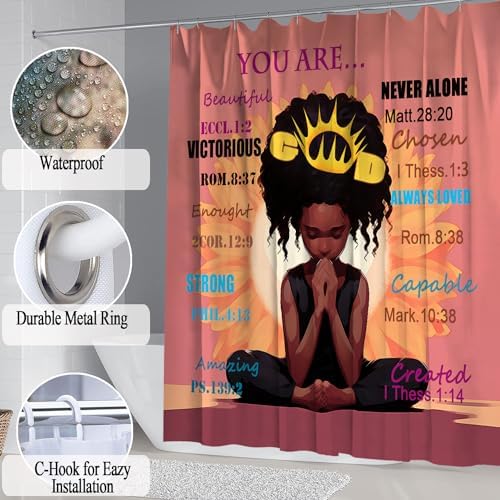 4PCS Black Praying Girl Shower Curtain Set, Inspirational Quote Cute African American Girl Bathroom Decor Sets with Shower Curtain and Rug Toilet Lid Cover and Bat Mat