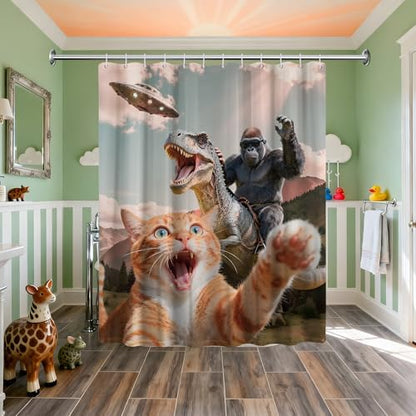 Extra Tall Shower Curtain XL Fun Cat Dinosaur, 70 x 78 Inchs