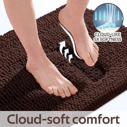 ACCUMTEK Striped Brown Bathroom Rug Mat Set 2 piece 32"x20"+24"x17" Ultra Soft, Non Slip Chenille Bath Rugs, Absorbent Plush Shaggy Bath Mats for Bathroom, Bedroom, Kitchen, Shower, Tub