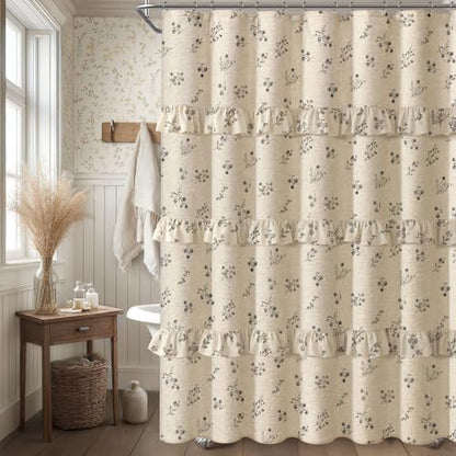 Black Floral Farmhouse French Country Ruffle Linen Shower Curtain 72Wx72H