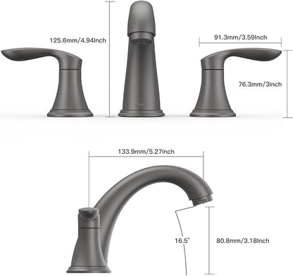 Bathroom Sink Faucet, Faucet for Bathroom Sink, Widespread Gun Grey Bathroom Faucet 3 Hole with Stainless Steel Pop Up Drain and cUPC Lead-Free Hose - (Gun Grey)