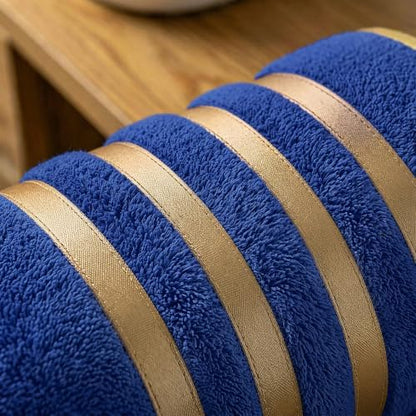 6-PCS Coral Fleece Microfiber Towel Set with Gold Stripes, Super Absorbent, Multiple Colors Available for Home, Bathroom, Hotel & Gym (6, Dark Blue)