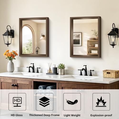 Bathroom Mirror, 18 x 24 inch Walnut Wood Grain Colored Aluminum Metal Frame Bathroom Vanity Mirror, Rectangle Wall Mirror for Bedroom Living Room, Tempered Glass, Horizontal or Vertical