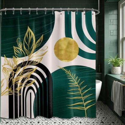 Emerald Green and Gold Extra Long Shower Curtain, Tall 72X78 in
