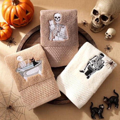 FuWeave 3 Pcs Brown Halloween Skull Hand Towels for Bathroom