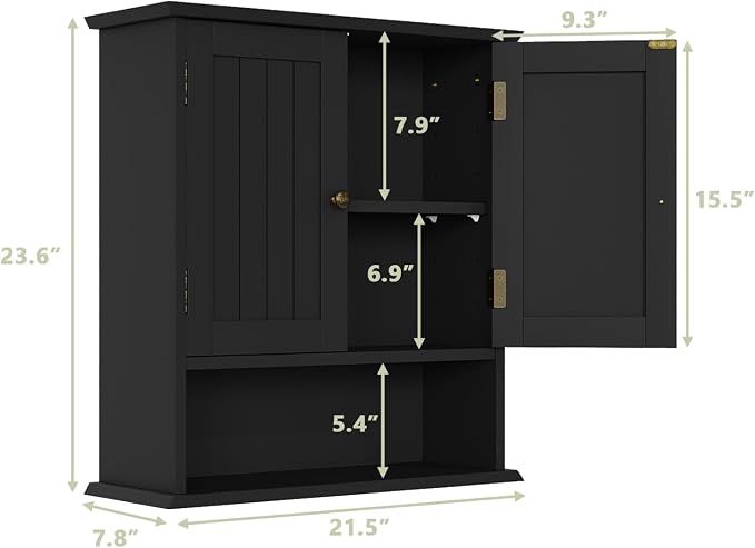 Smuxee Black Wall Cabinet, Small, 2-Door Medicine Cabinet with Adjustable Shelves, Over Toilet, For Kitchen and Laundry Rooms