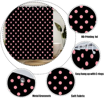 Polka Dot Shower Curtain Pink Spot Black Retro Vintage Fabric Decorative Bathroom Curtains with Hooks,75" Wx70 H
