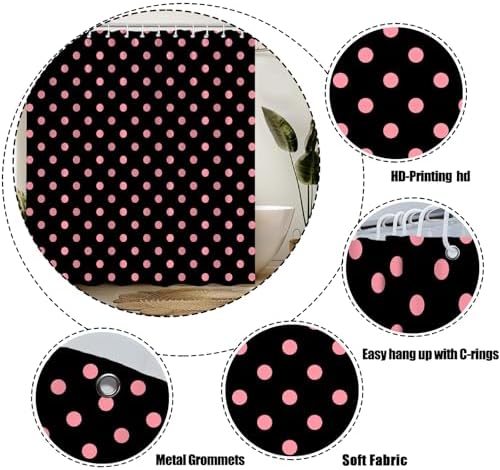 Polka Dot Shower Curtain Pink Spot Black Retro Vintage Fabric Decorative Bathroom Curtains with Hooks,70" Wx84 H