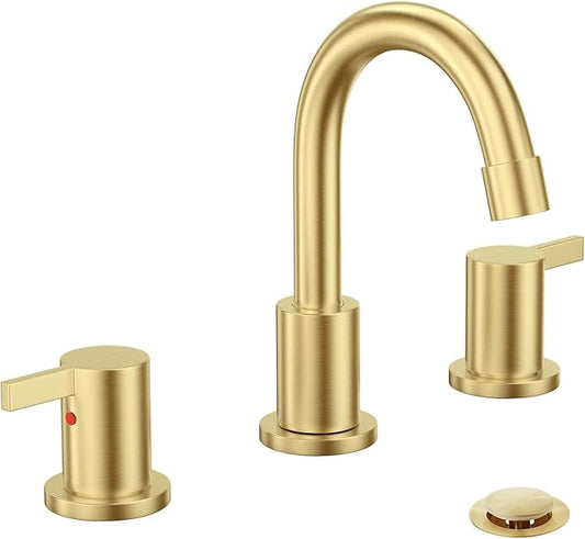 Phiestina Brushed Gold 3 Hole 8 Inch Widespread Bathroom Sink Faucet, Bathroom Faucet Set with Metal Pop UP Drain and Valve, WF15-1-BG
