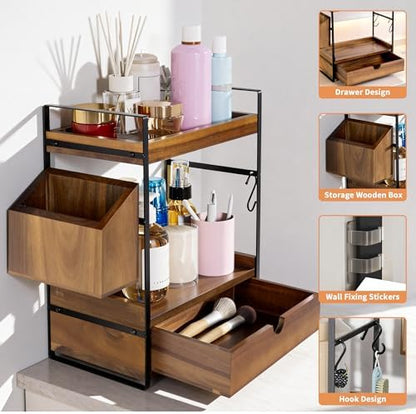 2-Tier Bathroom Counter Organizer, Acacia Wood Vanity Shelf with Drawer