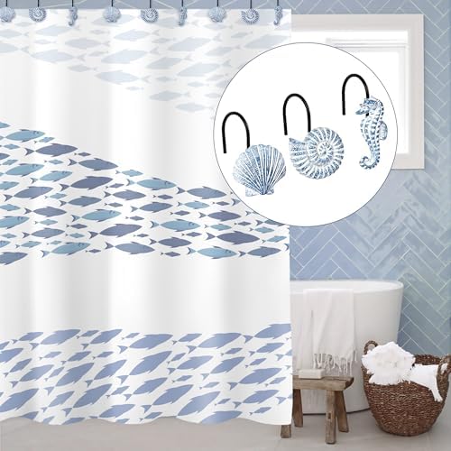 Sunlit Seashells Decorative Shower Curtain Hooks, Sky Blue Ocean Creatures Coastal Shower Curtain Rings with Black Hooks, Resin, Nautical Bathroom Decoration Beach Shower Curtain Hooks, Set of 12
