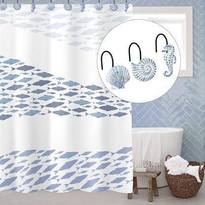 Sunlit Seashells Decorative Shower Curtain Hooks, Sky Blue Ocean Creatures Coastal Shower Curtain Rings with Black Hooks, Resin, Nautical Bathroom Decoration Beach Shower Curtain Hooks, Set of 12