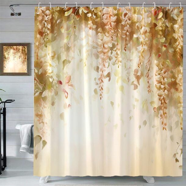 Fall Floral Flower Shower Curtain Watercolor Weeping Orange Lavender Vine Yellow Autumn Leaves on Blurred Background with Dreamy Farmhouse Girl Woman Bathroom Decor Set Polyester Curtains with Hooks