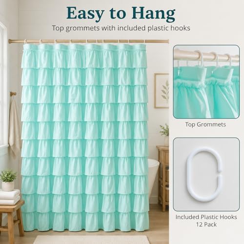 Teal Ruffle Shower Curtain for Bathroom, 72x84 Inch, 1 Panel